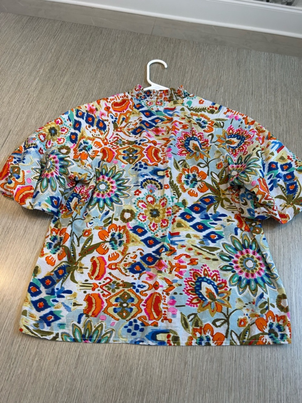 THML Multicolor Floral-Stripe Short Sleeve Top — Blue, Pink, Orange, Green - Picture 5 of 5